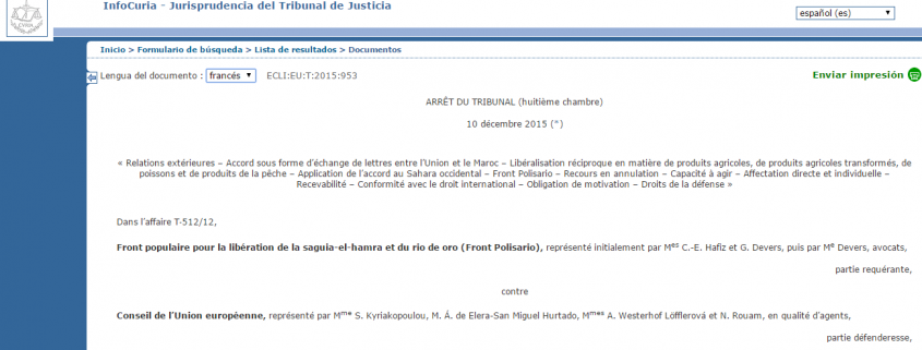 Imagen de la sentencia del Tribunal de la UE que anula el acuerdo agrícola con Marruecos.